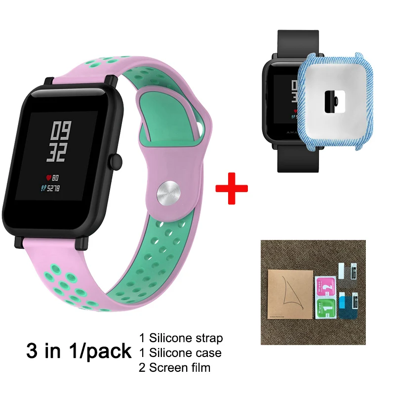 Style 1 3 в 1 для Xiaomi Huami Amazfit Bip Молодежные умные часы, аксессуары для Xiaomi Amazfit, ремешок для часов, силиконовый чехол, защитная пленка - Цвет: Style 1