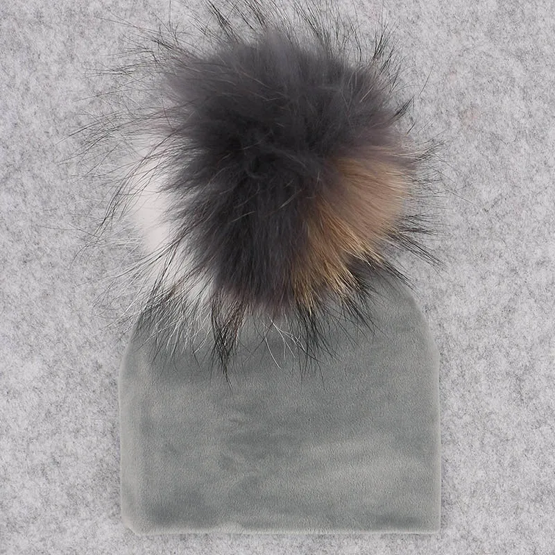 gray No18 GZHILOVINGL Real Fur Pom Pom Baby Girls Boys Hat Warm Winter Knitted Velvet Hat Toddler Kids Soft Thick Flannel Beanies Pompoms - Цвет: gray No18