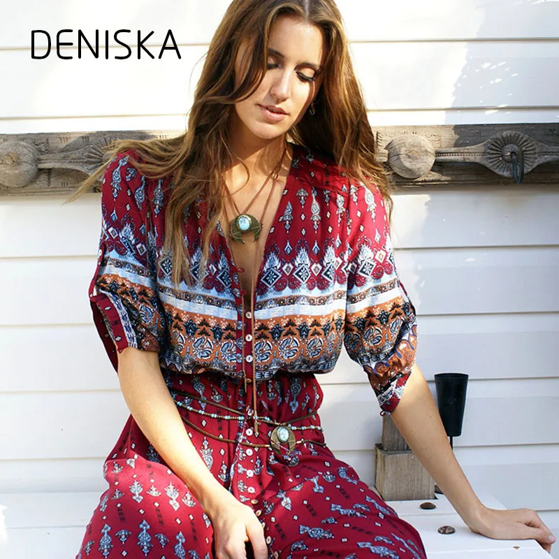 Дениска Для женщин пляжное длинное платье Boho свободные чешские Макси Обёрточная