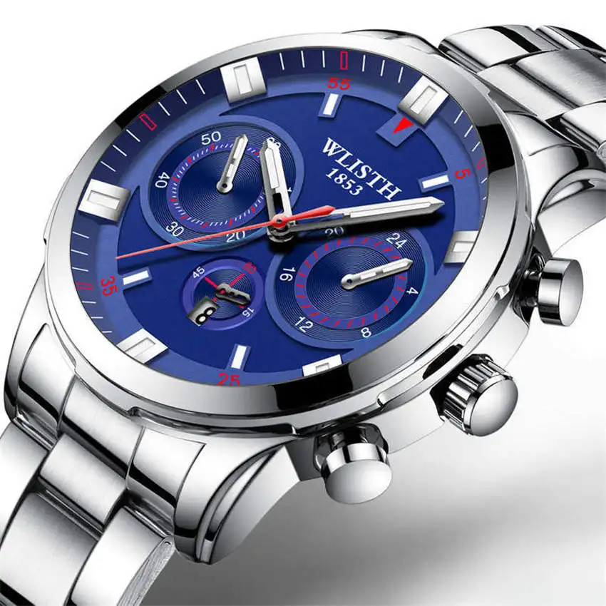 

Wlisth Top Brand Men Stainless Steel Wrist Watch Genuine Brand Quartz Clock Waterproof Wristwatch Simulate Three Eyes Relogios