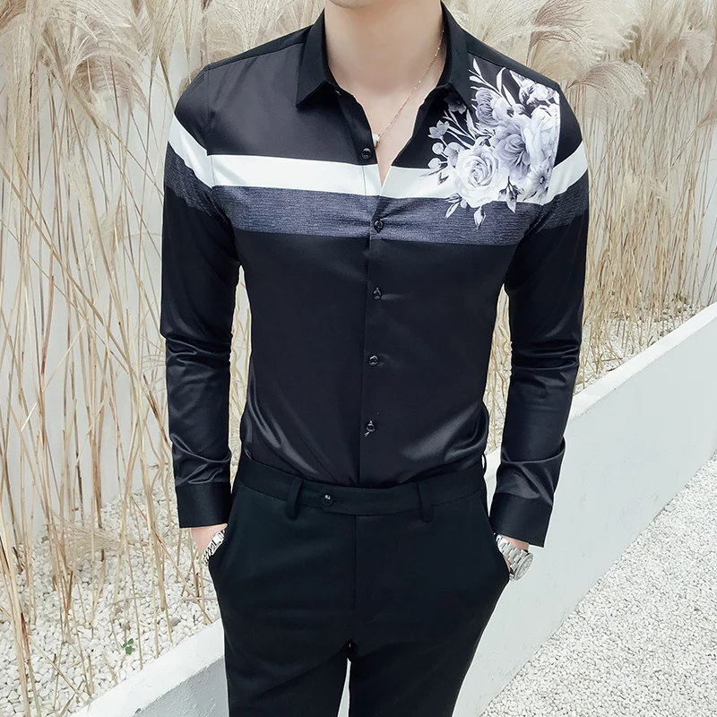 Новая Узорчатая рубашка с длинным рукавом для ночного клуба Chemise Homme модная