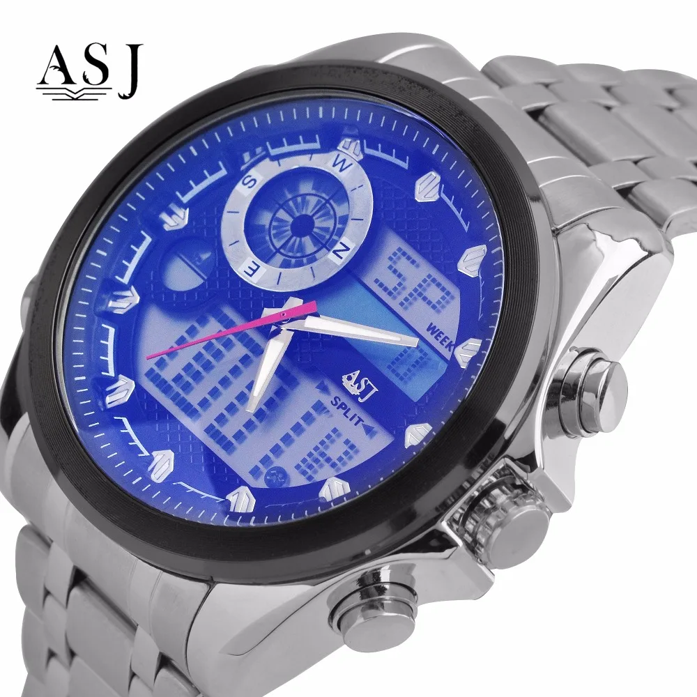 ASJ двойной дисплей мужские часы спортивные водонепроницаемые светодиодный