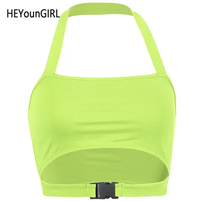 Армейский зеленый HEYounGIRL летнее платье с лямкой на шее неоновый зеленый Обрезной сексуальный топ с низким вырезом на спине, топ на бретелях Для женщин хлопок, с вырезами, однотонные, стиль Харадзюку Croptop уличная Вечерние - Цвет: Армейский зеленый