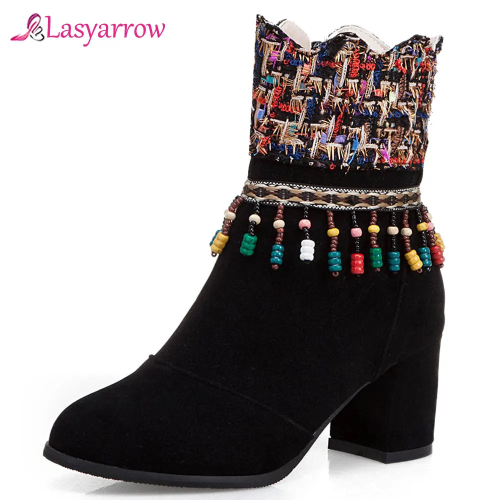 

Lasyarrow Ethnic style Flock Fringes high heeled Shoes Woman Boots Black Red Chunky Heels Ankle Boots Woman Shoes Women J1009