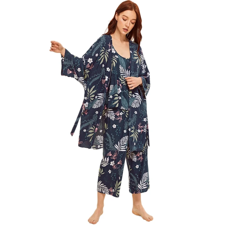 Dotfashion/пижамный комплект на бретельках с цветочным принтом и халатиком; коллекция года; летние пижамы для женщин; Женская Повседневная Весенняя Домашняя одежда с длинным рукавом