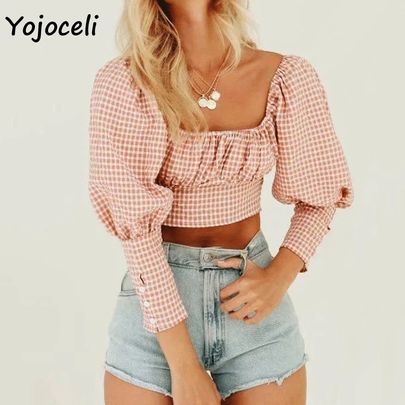Рубашка Yojoceli в клетку с квадратным вырезом винтажные Короткие топы уличная