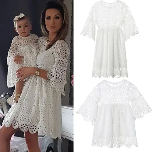 Family Matching Ouftis Mother &amp Daughter Long Sleeve Hallow Out White Dress Party Wedding Holiday Prom Dresses | Мать и ребенок