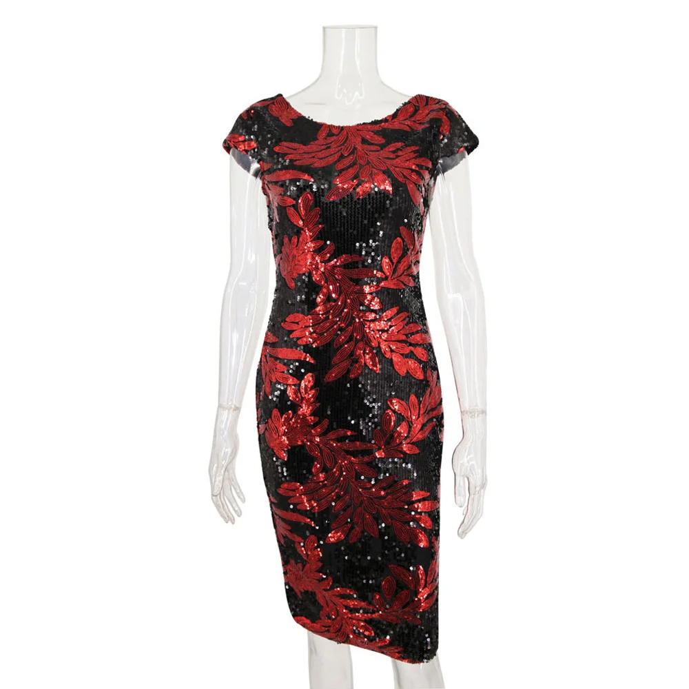 Black and Dark Red Наивный блеск, элегантное винтажное офисное платье с блестками и Рисунком Листьев, без рукавов, сексуальное, с открытой спиной, облегающее, женские платья для вечеринок, Vestidos - Цвет: Black and Dark Red