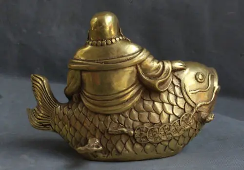 

China Brass Yuan bao wealth Happy Laugh Maitreya Buddha Ride Fish Statue