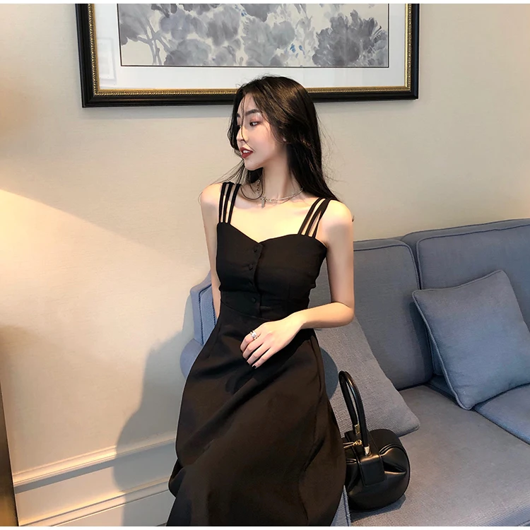 Hong Kong-style retro off-the-shoulder waist slim slimming women's Hepburn black strap dress | Женская одежда