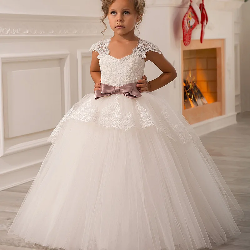 Elegant Exquisite Cap Sleeves Bowknot Sweet Heart Flower Girls Ceremony Dresses Kids Communion Evening Pageant Prom Ball Gowns