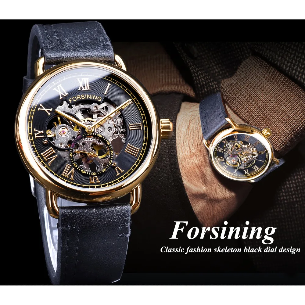 Мужские часы Forsining черные золотые ажурные механические с ремешком из натуральной