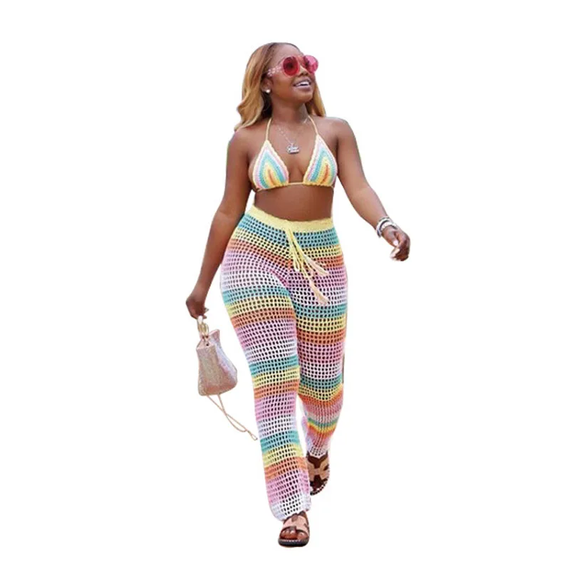 2019 women's fashion sexy personality mesh print stripe halter strap sleeveless hollow two-piece loose casual holiday party dres | Женская