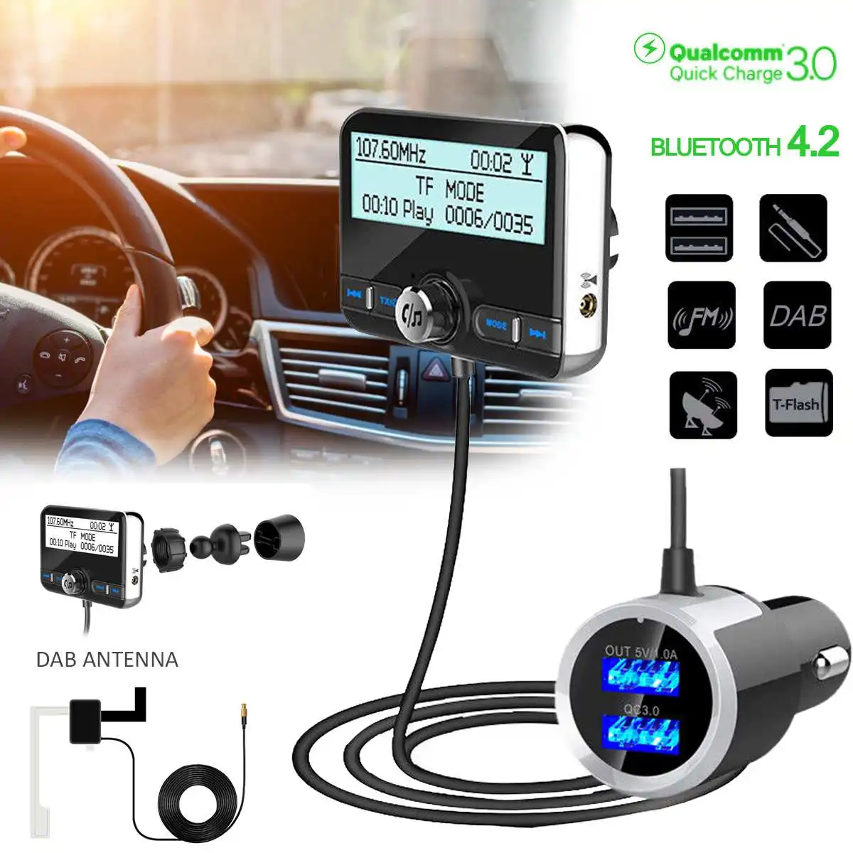 Автомобильный DAB радио приемник тюнер USB адаптер bluetooth передатчик TF/AUX антенна ЖК