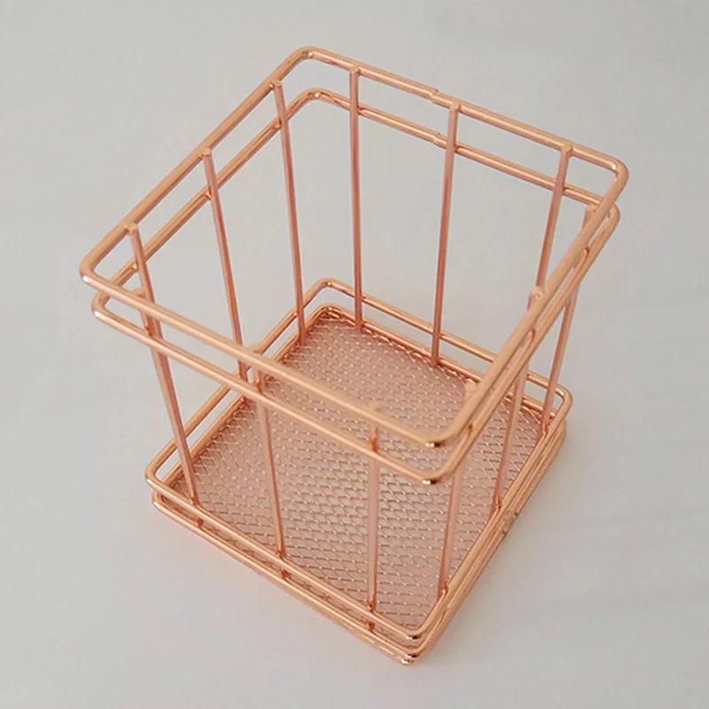 New-Rose Gold Wire Net Pencil / Pen Cup Square Iron Mesh Stationery Organizer Desk Sorter For Office Home Sch | Канцтовары для