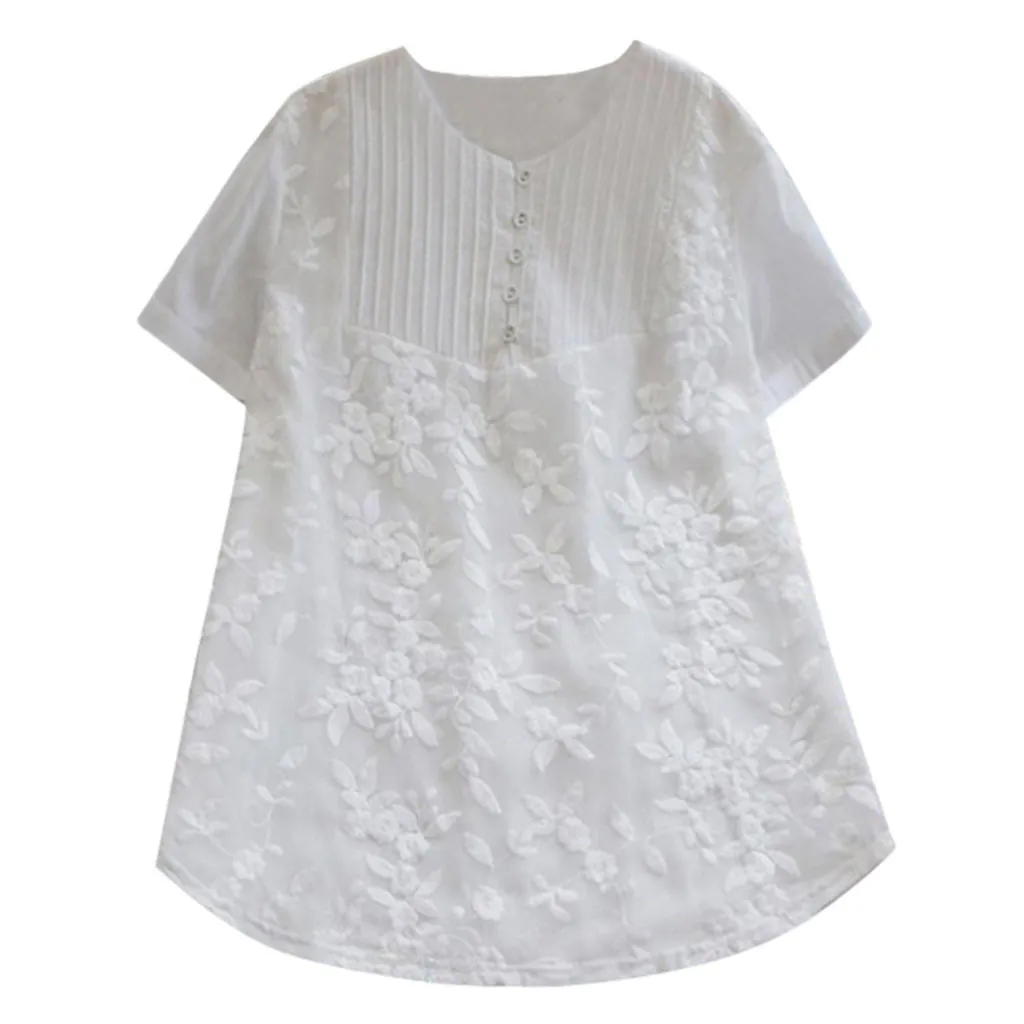 White Модные женские блузки, повседневные, свободные, одноцветные, с круглым вырезом, с коротким рукавом, хлопок, с вышивкой, топ размера плюс, Blusas Femininas bluen, для женщин - Цвет: White