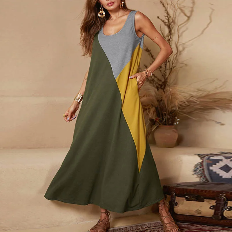 Sleeveless Green Lipswag 5XL, винтажное длинное платье с коротким рукавом, пэчворк, повседневное, свободное, размера плюс, Ретро стиль, макси платья, женское летнее пляжное платье с круглым вырезом - Color: Sleeveless Green