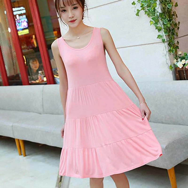 2017 летнее модное модальное платье без рукавов женское свободное с круглым