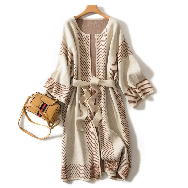 2019 весна осень женский модный кардиган пальто Дамы Полосатый пэчворк длинный