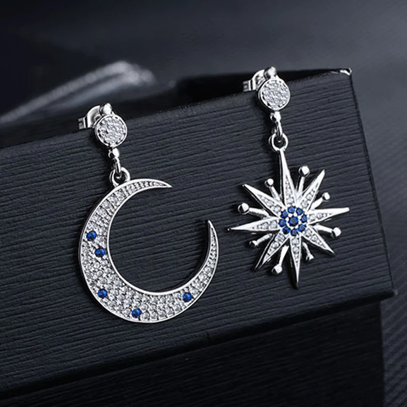 Copper CZ Star Moon Girls Asymmetric Drop Earrings New design personality lovely Charm Fashion Anti allergy Jewelry Accessory | Украшения и