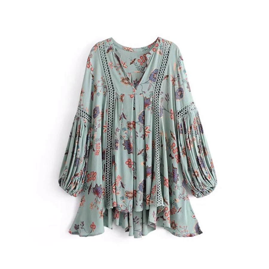 Мини-платье Boho 2018 Новый Урожай Цветочные печати Короткие платья v-образным