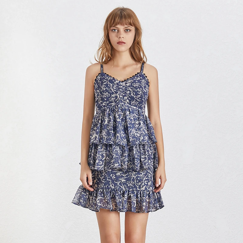 TWOTWINSTYLE 2020 Vintage Print Strap Women Dress V Neck Off Shoulder Backless High Waist Ruffle Mini Dresses Female Fashion New | Женская