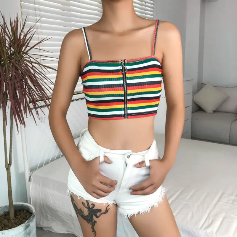 Женский летний сексуальный короткий топ без рукавов красочные полосы радуга