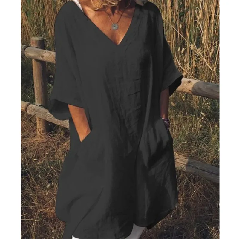 Casual Women Linen Cotton Dress Ladiess Printed Short Sleeve Loose Sundress O-Neck Baggy Pockets Mini Dresses | Женская одежда