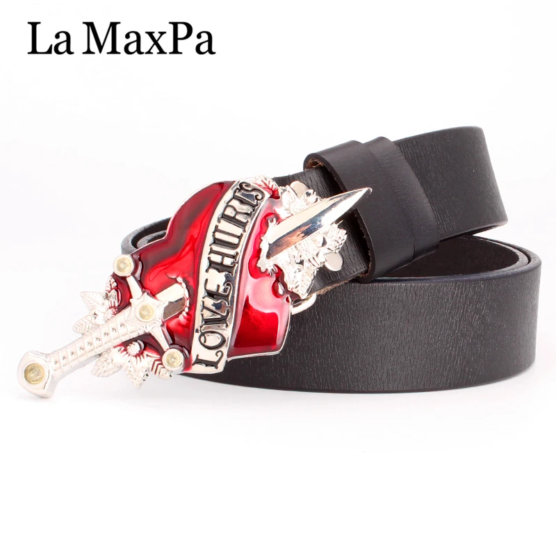 

fashion LOVE men's belt sword buckle cowhide leather belt Love hurts red heart buckle belt heavy metal rock punk waistband