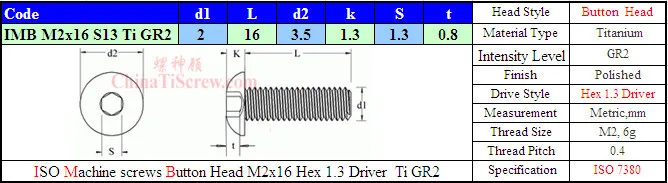 Титановый винт M2x16 ISO 7380 головка кнопки Шестигранная 1,3 драйвер Ti GR2 полированная 50 шт