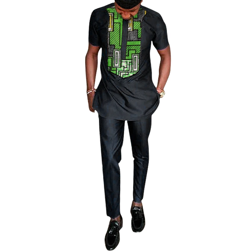 Black African clothing men's print set shirt with trouser patchwork Ankara pant sets customized wedding wear male formal outfits | Мужская