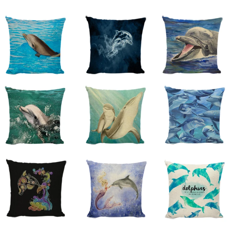 

Personality Marine Animal Pattern Linen Cotton Cushion Cover Cute Dolphin Classic Text Pillow Home Decoration Pillowcase 45X45Cm