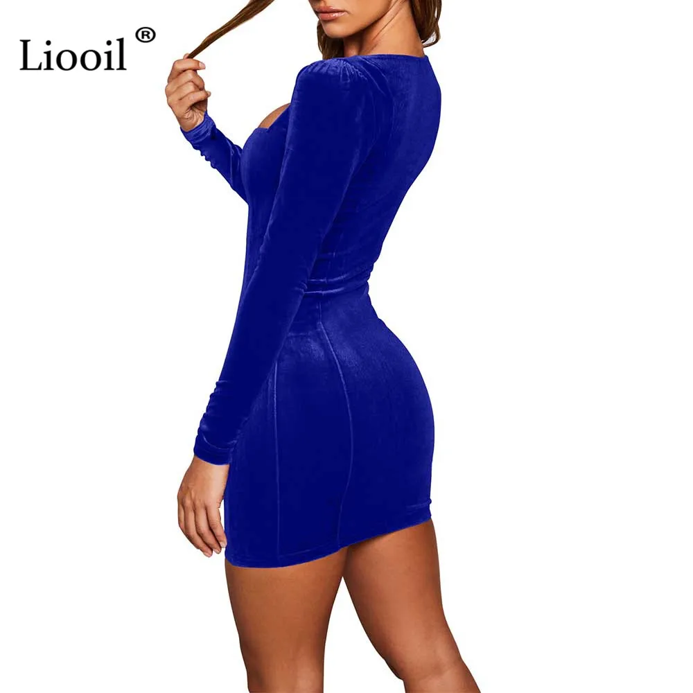 Liooil, сексуальное, черное, синее, бархатное мини платье, женская одежда,, высокая талия, облегающее платье, длинный рукав, квадратный воротник, платья для вечеринок