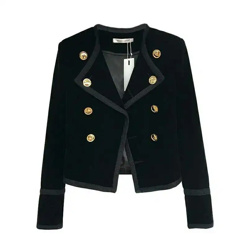 

PERHAPS U Women Jacket Button Double Breasted Turn Down Collar Preppy Style Velvet Winter C0037