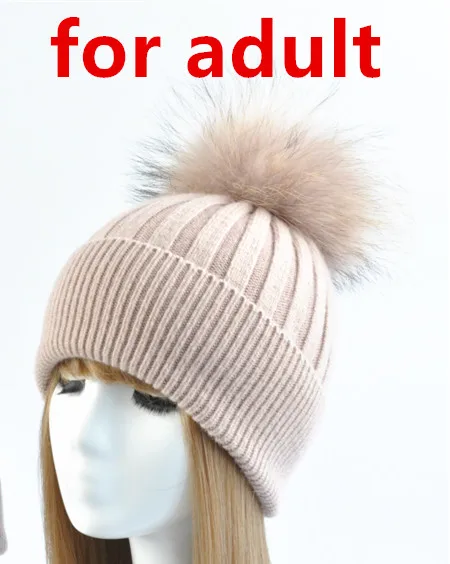 Pink for adult Шапка с помпоном из натурального меха для мамы, зимние шапки для детей, женские теплые шапки для мальчиков и девочек, милая вязаная шапка в полоску, костюм для родителей, зимняя шапка - Цвет: Pink for adult