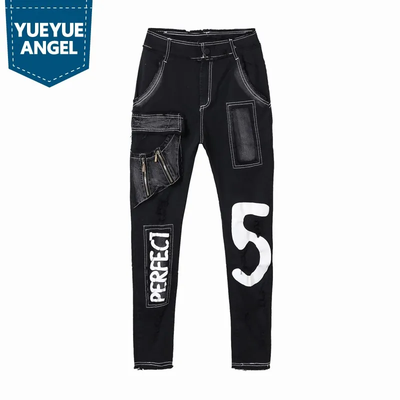 Женские шаровары в стиле панк черные длинные джинсы на молнии с карманами