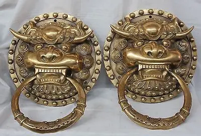 

China Dynasty palace Pure Brass Iion Foo Fu Dog Statue Door knocker Pair
