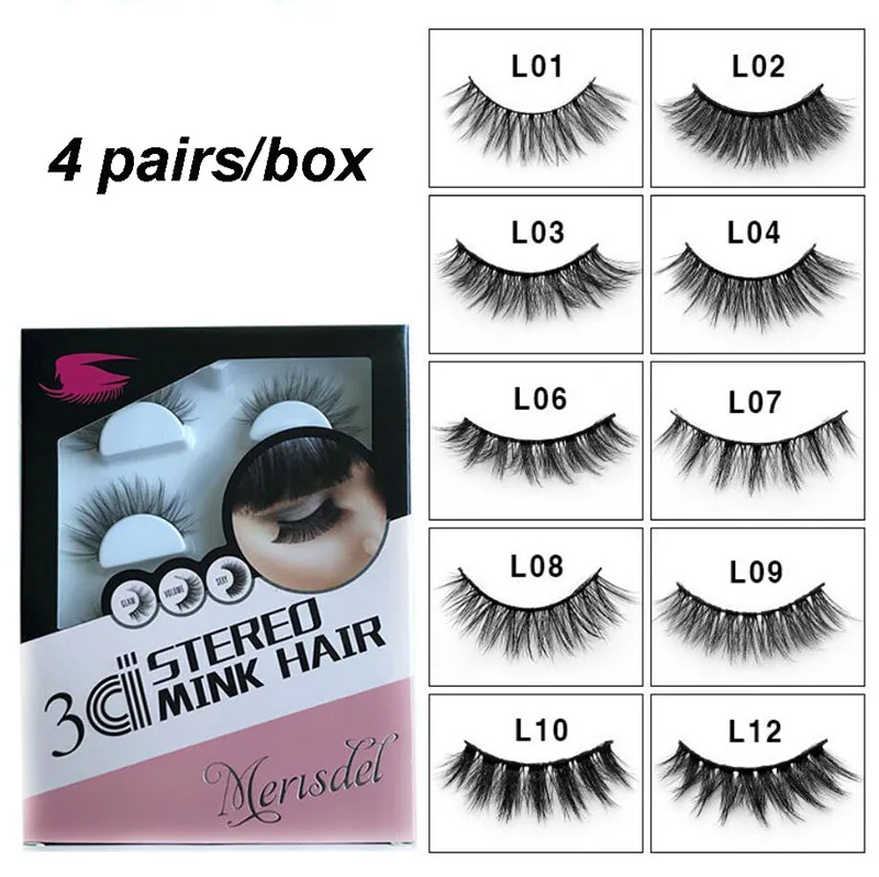 50pcs/box Wholesales 4 Pairs False Eyelashes 3D Mink Lashes natural handmade volume soft lashes long eyelash extension makeup | Красота и