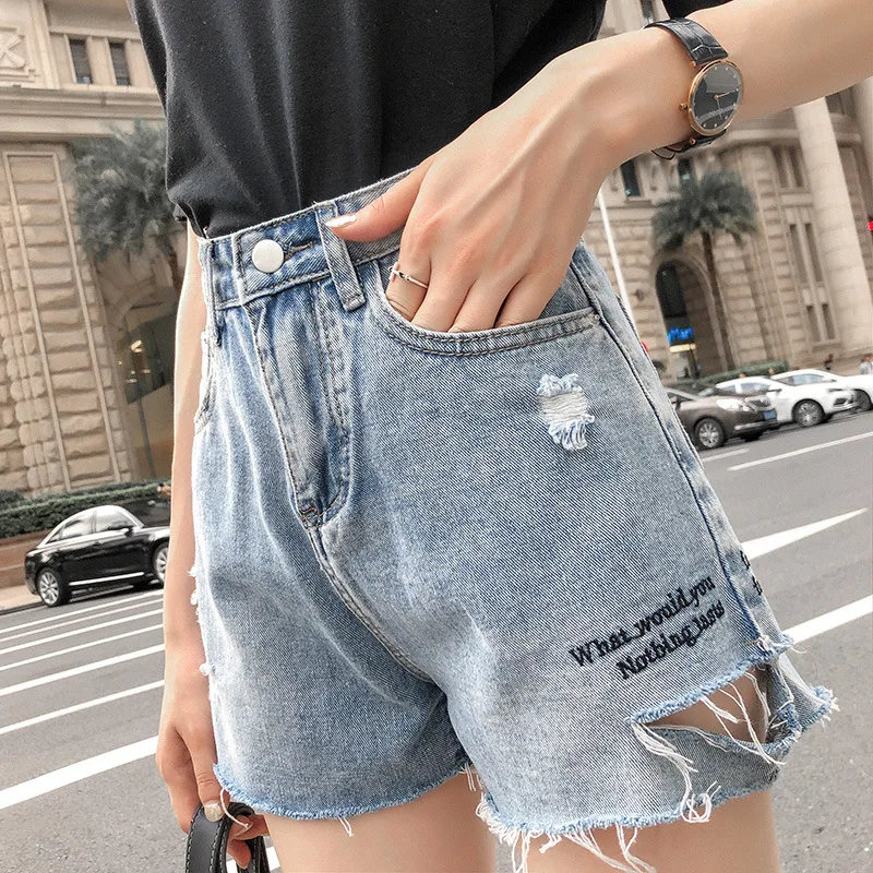Xisteps High Waist Loose Hot Short Jeans For Women Light Blue Ripped Holes Slim Denim Shorts Student Summer Shorts 2019 Casual