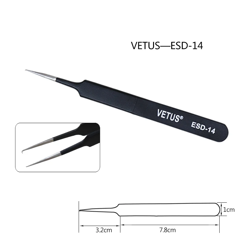 esd-14 2 шт., оригинальные антистатические пинцеты vetus из нержавеющей стали, антистатические пинцеты ESD-10, 11,12, 13,14, 15,16, 17 пинцетов для наращивания ресниц - Длина: esd-14