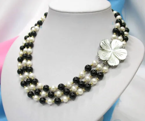 

3row white cultured pearls black agates necklace shell shipping free