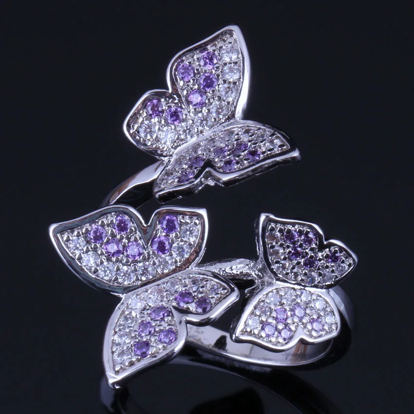 

Sparkly Butterfly Purple Cubic Zirconia White CZ Silver Plated Ring V0487