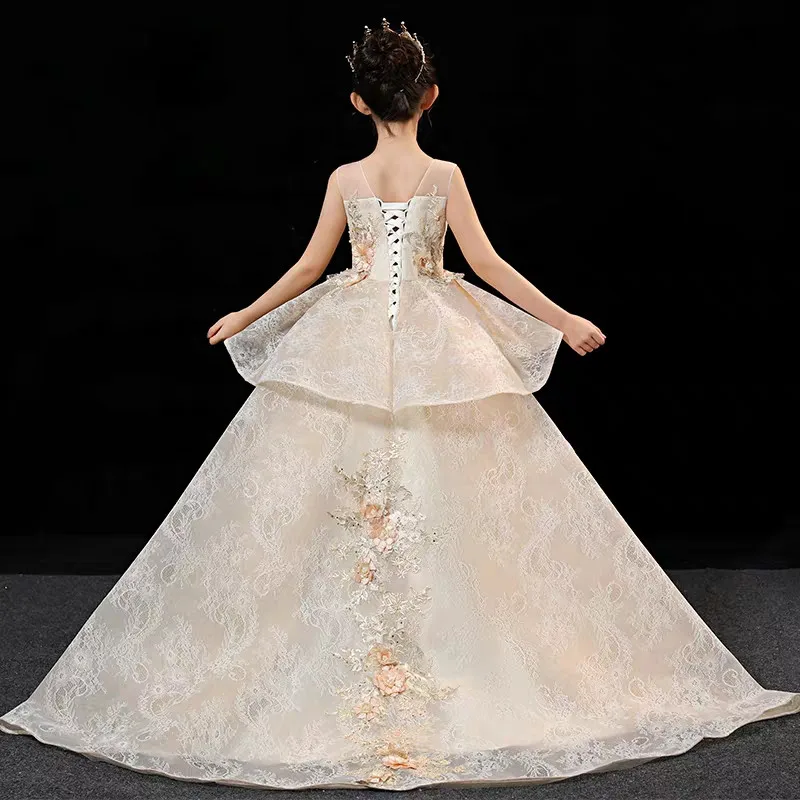

High-Quality Children Girls Luxury Flowers Lace Birthday Wedding Party Long Tail Dress Kids Teens Model Performance Host Dress