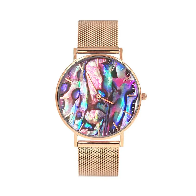 

Mavis Hare New A Dream of Coral Red real Abalone Rose Gold Mesh WristWatch with Stainless Steel moon & Heart Link Bracelet Beach