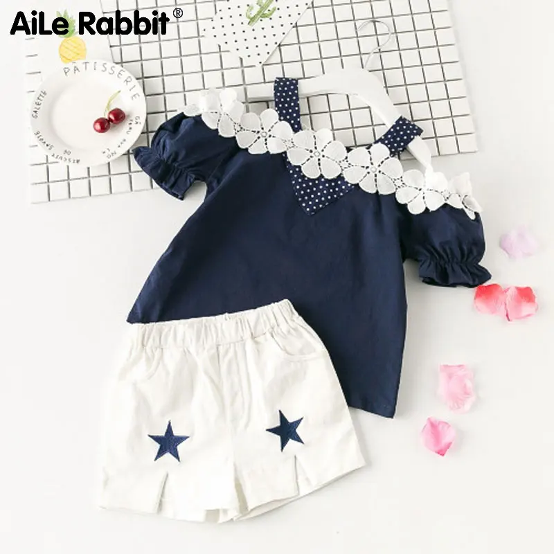 AiLe Rabbit New Summer Fashion Sweet Solid Color Off-Shoulder T-Shirt Pentagram Shorts Girls Set | Мать и ребенок