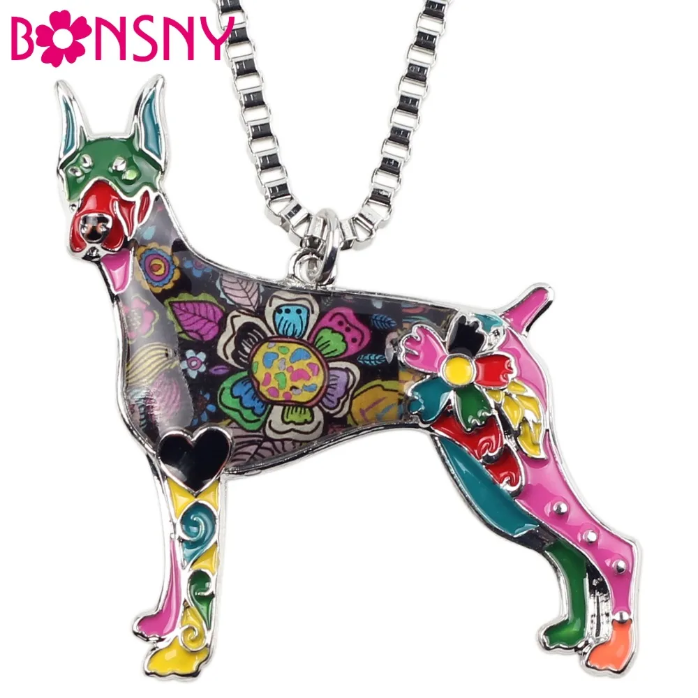 

Bonsny Enamel Alloy Floral Doberman Dog Necklace Pendant Long Chain Choker Trendy Animal Jewelry For Women Girls Gift Bijoux New