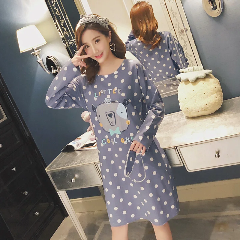 2018 Autumn 100% Cotton Polka Dot Dress Nightgown for Women Long Sleeve Nightdress Cute Girls cartoon Night Home Sleepwear | Женская
