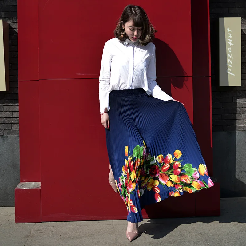 Женская плиссированная юбка в стиле ретро Длинная тонкая макси с цветочным