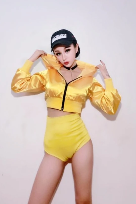 

2018 New Yellow Jazz Stage Leotard for singers Women dj female singer clothing bra+pant nightclub bar ds Dance Costume B243