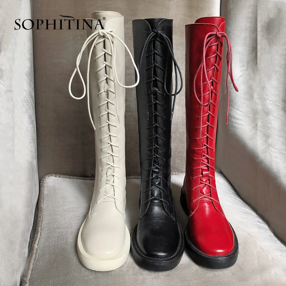 SOPHITINA/Сапоги женские. Новинки. Модные женские сапоги из натуральной кожи на квадратном каблуке и толстой подошве. Базовая однотонная обувь со шнурками впереди. Стильные женские сапоги на низком каблуке. SO195